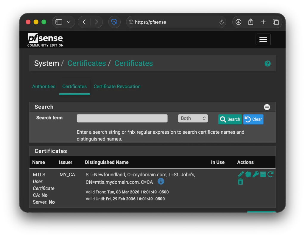 mTLS internal certificate signed by a self-signed Certificate Authority.