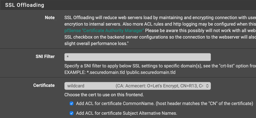 HAProxy shared frontend SNI filter and wildcard certificate selection.