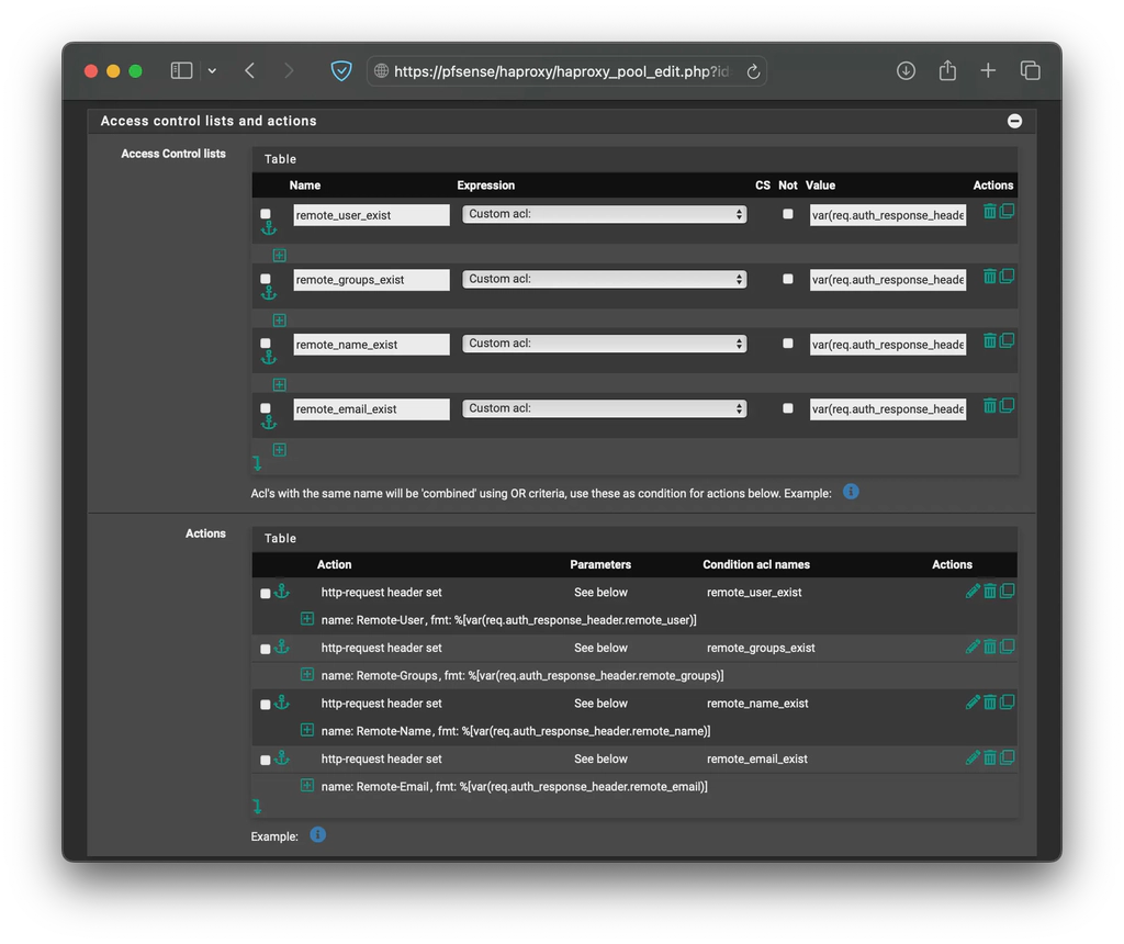 HAProxy backend with Authelia ACL and Actions on pfSense