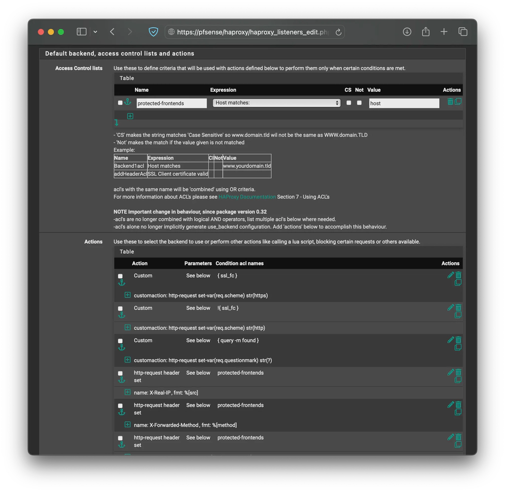 HAProxy frontend1 with Authelia ACL and Actions on pfSense