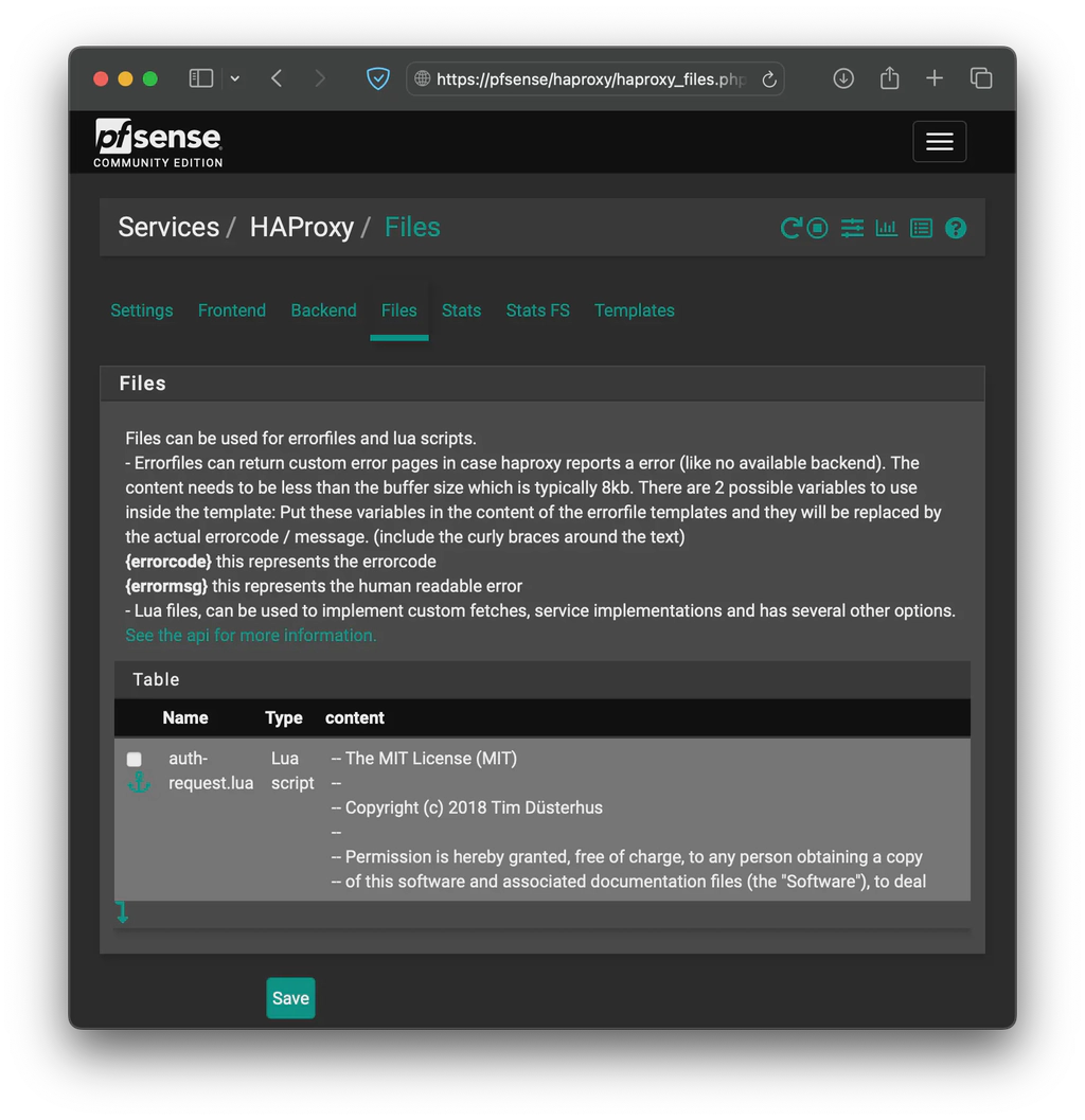 HAProxy files section in pfSense