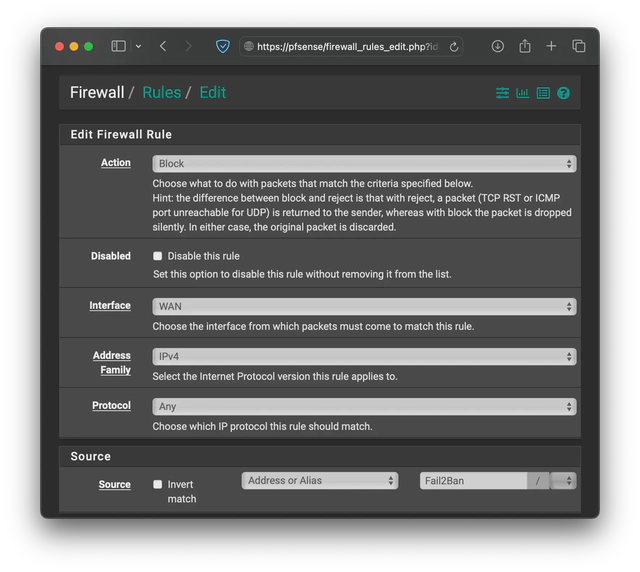pfSense Fail2Ban alias list rule settings