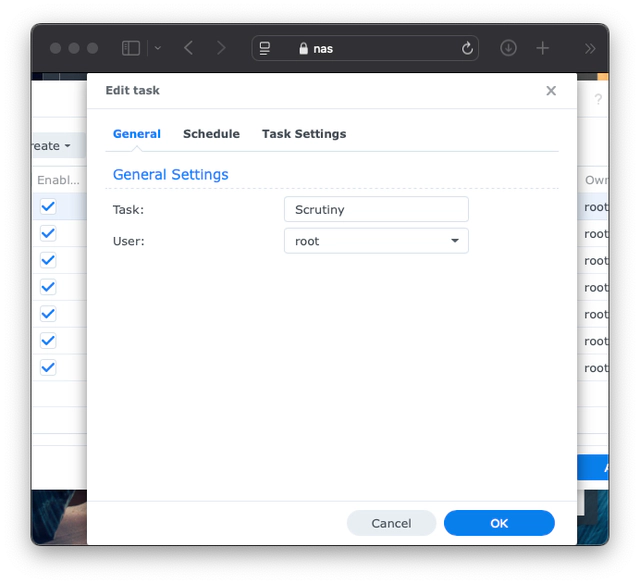 General settings of a scheduled task in Synology DSM
