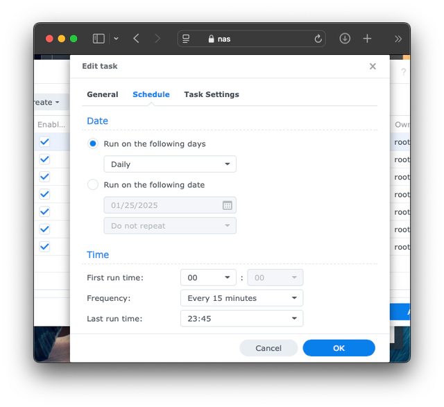 Schedule settings of a scheduled task in Synology DSM