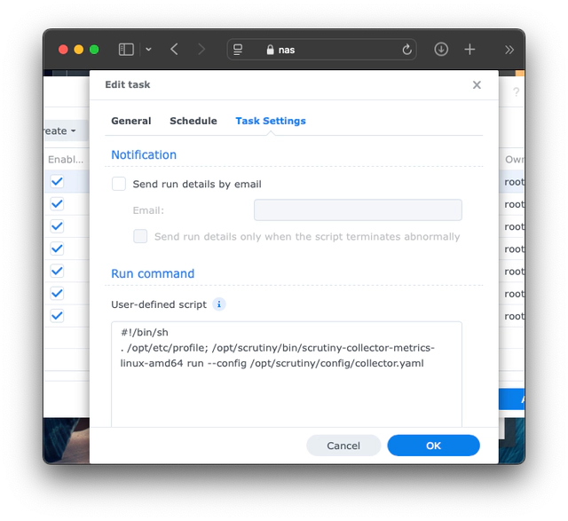 Task settings of a scheduled task in Synology DSM